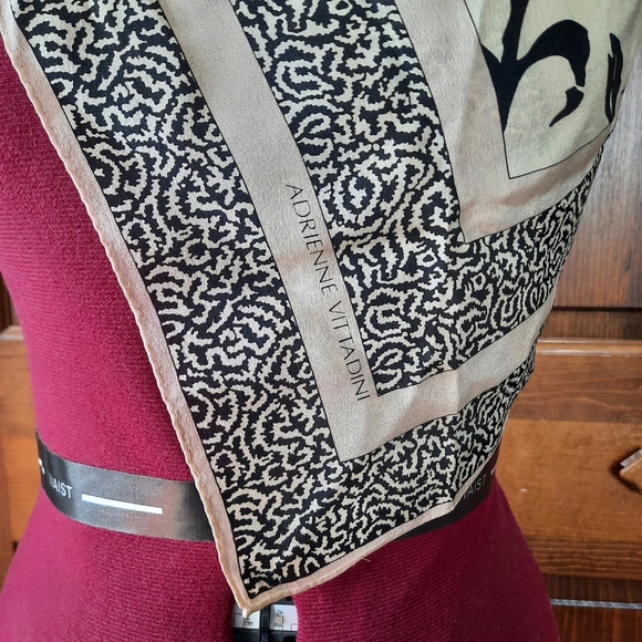Adrienne Vittadini Silk Square Scarf Tan Cream Black Floral Pattern Semi-sheer - Picture 3 of 10